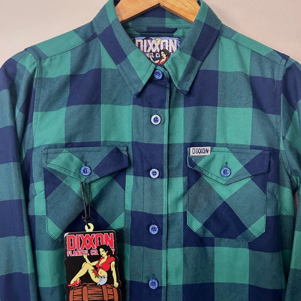 Dixxon Flannel Co The Niagara Shirt Mens Medium Green Navy Plaid D-Tech NWT